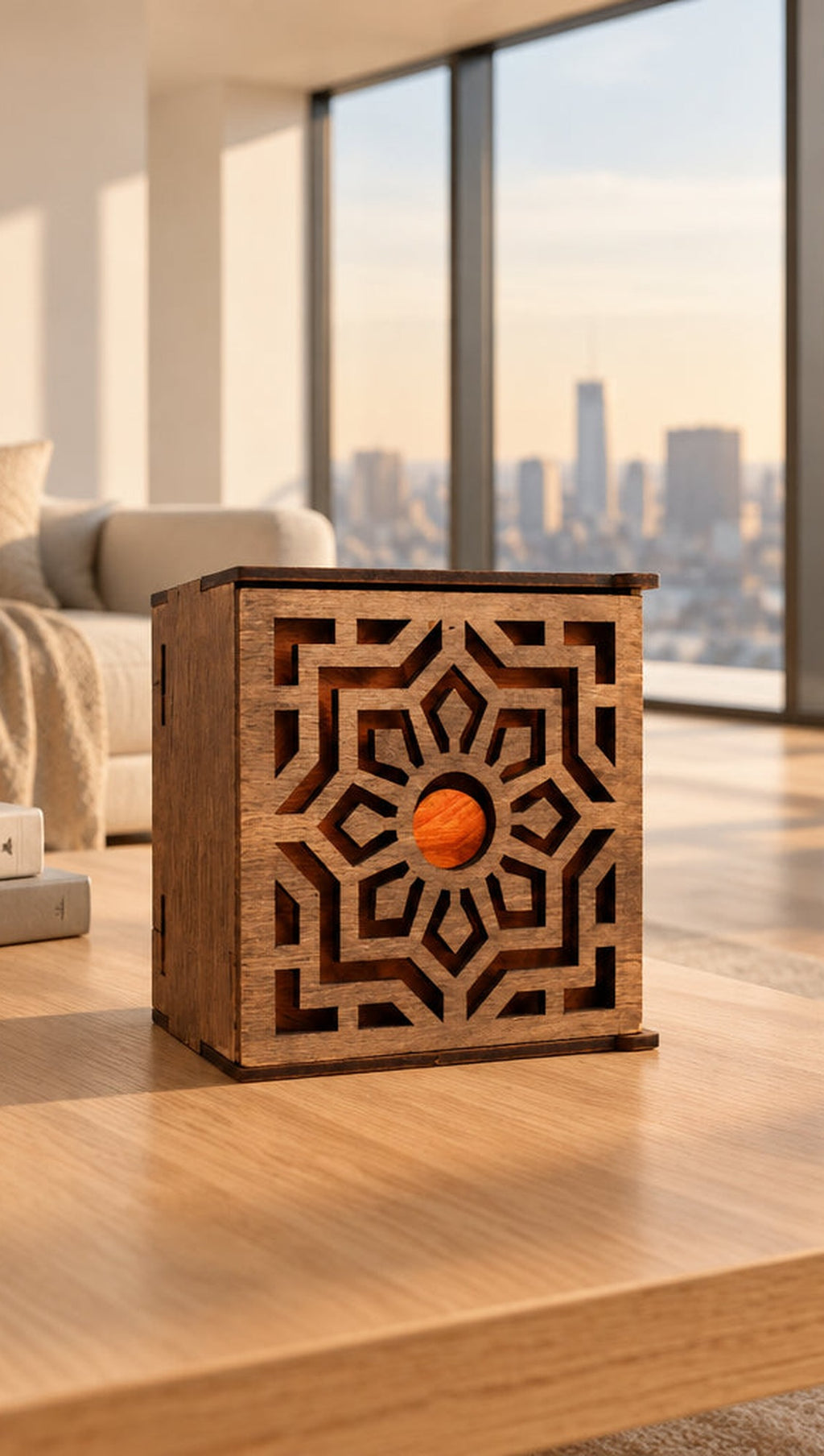 Wooden fidget spinner set in a closed laser-cut box