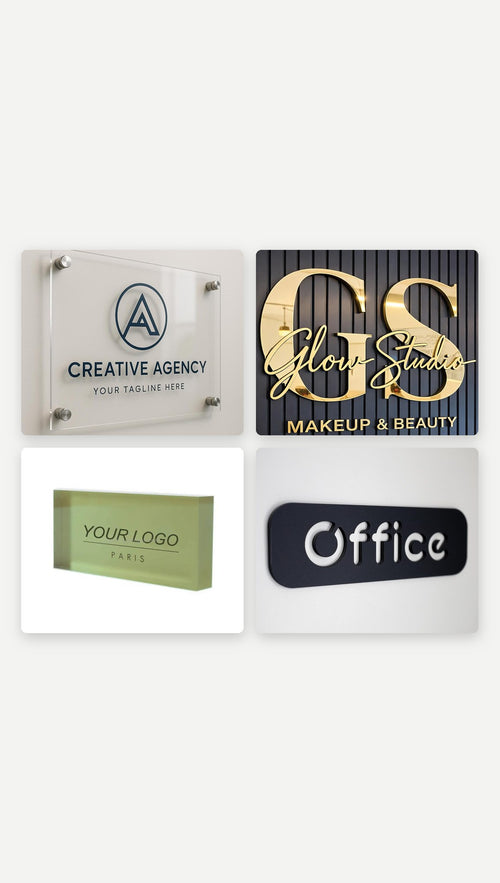 Four custom brand displays: clear glass-effect wall plaque, gold 3D letters on a slatted wall, acrylic logo block and black Office door sign
