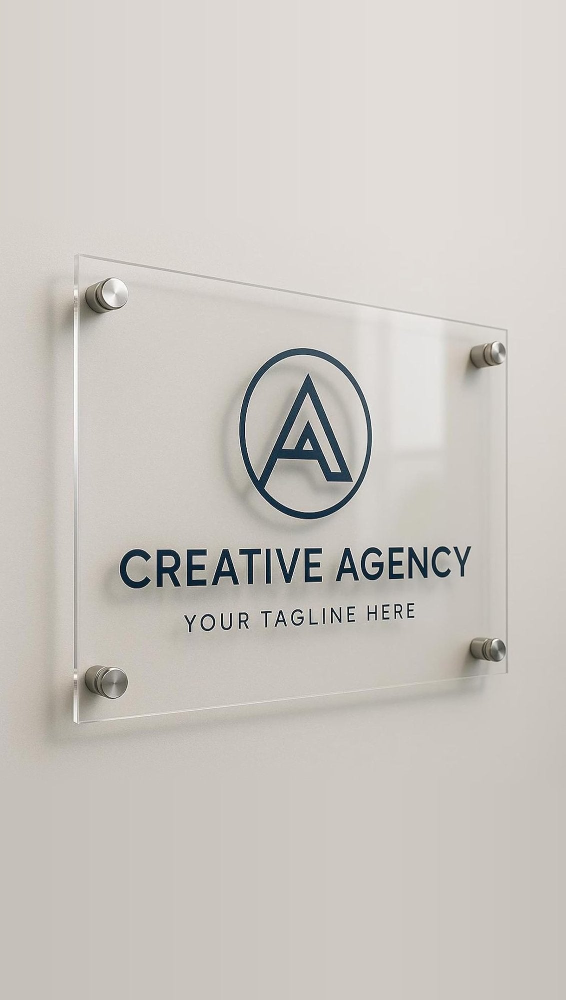 Clear glass-effect acrylic wall plaque on steel standoffs with a sample Creative Agency logo