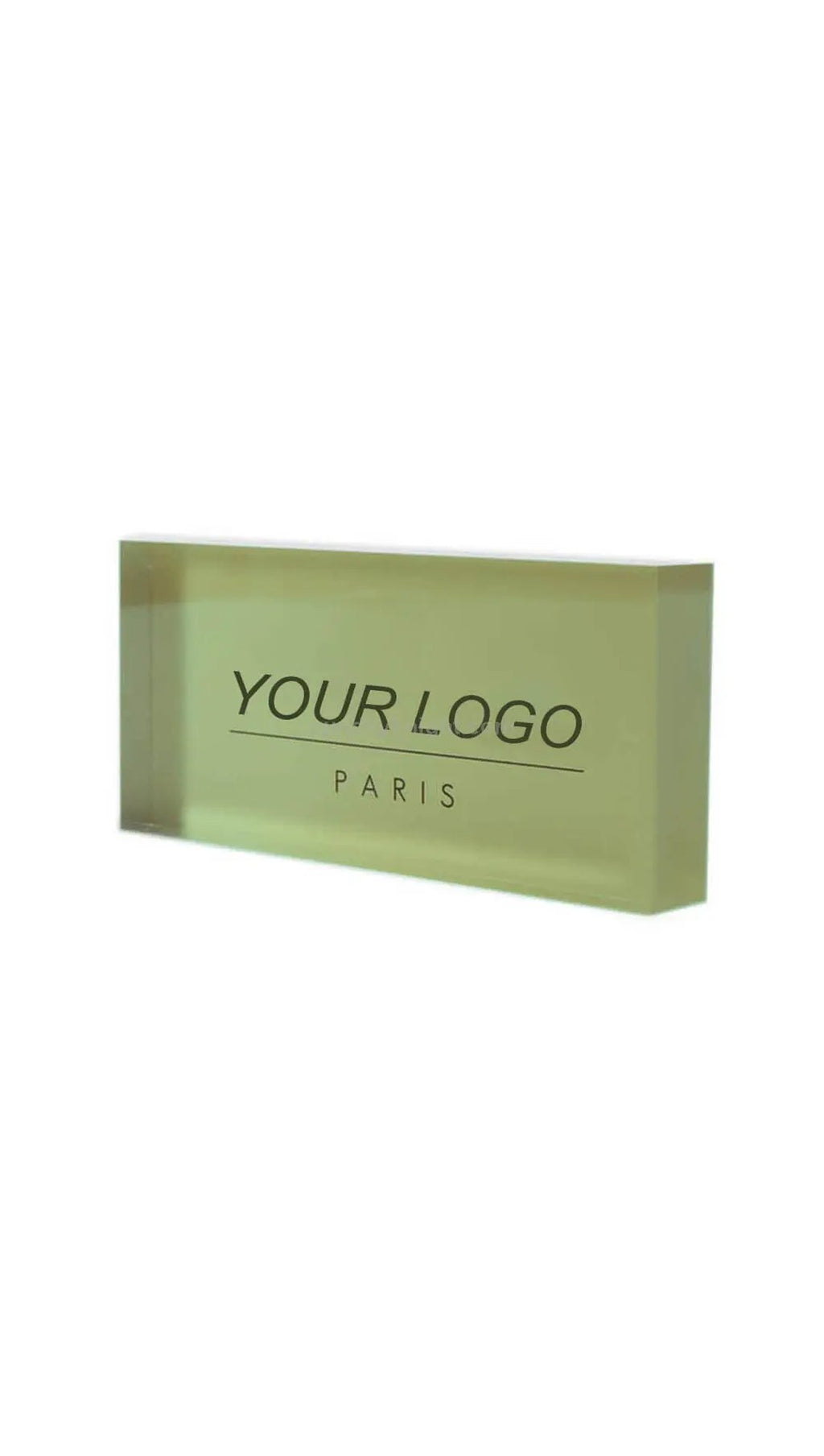 Solid acrylic desk block printed with a sample YOUR LOGO Paris design