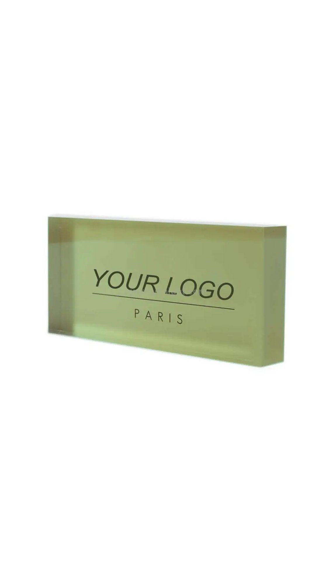 Solid acrylic desk block printed with a sample YOUR LOGO Paris design