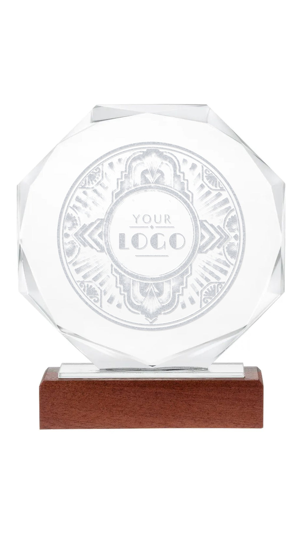 Octagonal crystal award engraved with an Art Deco frame and YOUR LOGO placeholder, on a wooden base