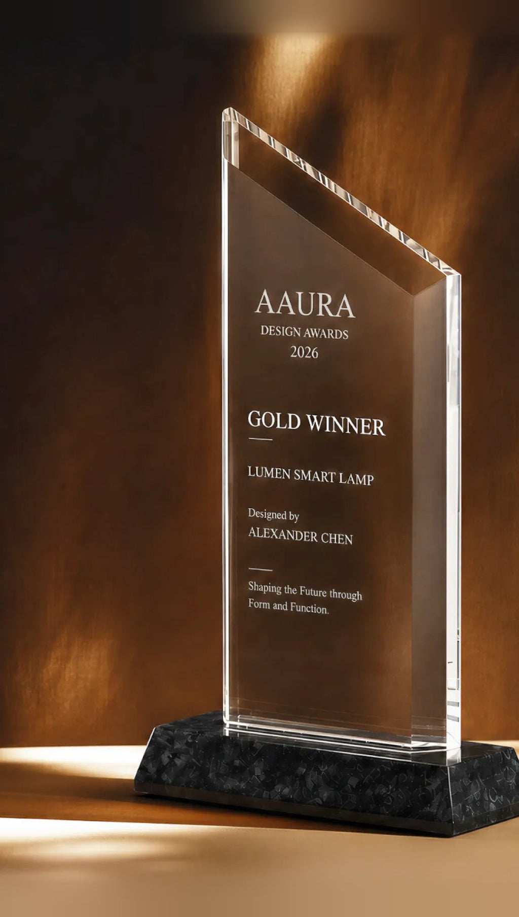 Trapezoid crystal award engraved with sample award wording, on a black base