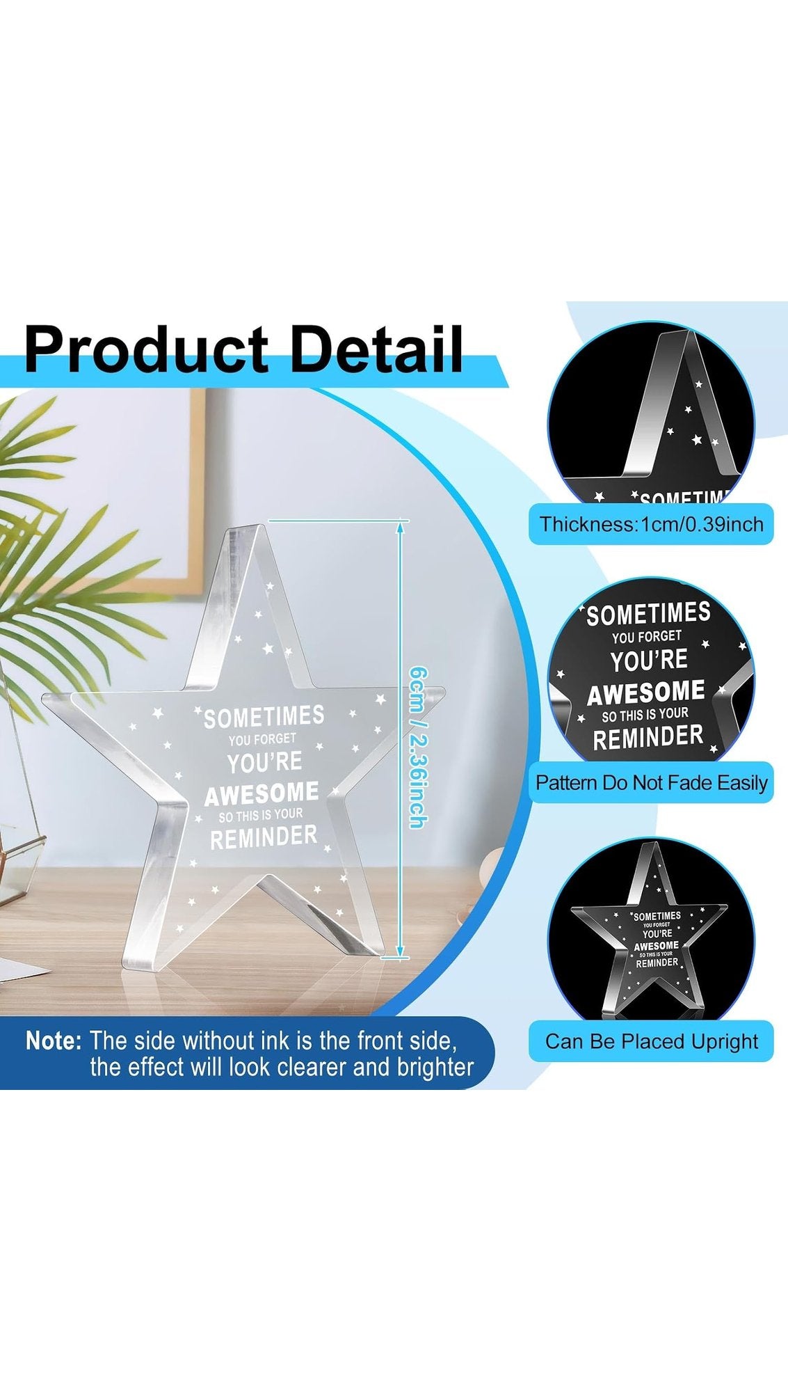 Acrylic star details: 6 cm tall, 1 cm thick, stands upright