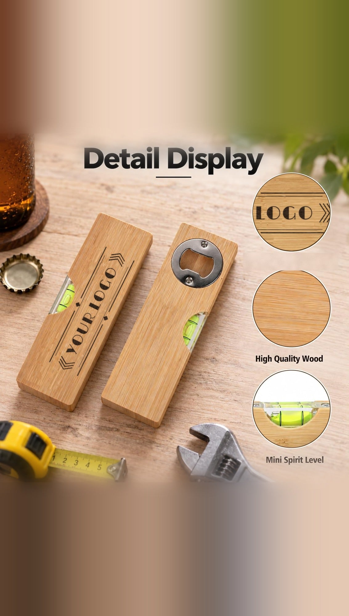 Detail view of the bamboo spirit level bottle opener with a sample YOUR LOGO engraving, close-up of the engraving, bamboo grain and mini spirit level