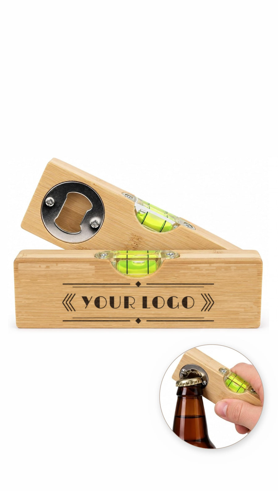 Bamboo spirit level bottle opener laser-engraved with a sample YOUR LOGO design