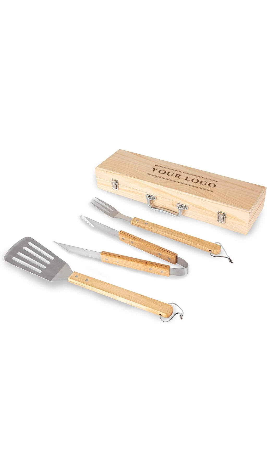 Sample design: BBQ tool set with spatula, fork and tongs beside a closed pine carry case laser-engraved with a YOUR LOGO sample on the lid