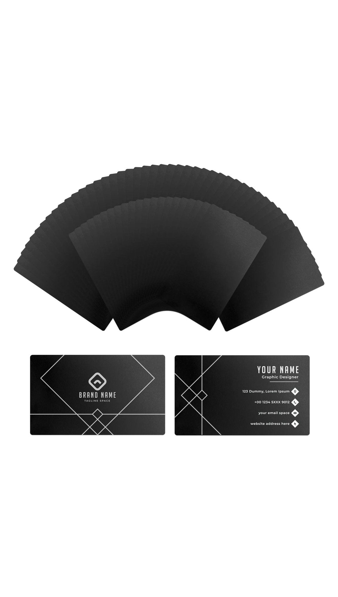Stack of black metal business cards with sample front and back designs