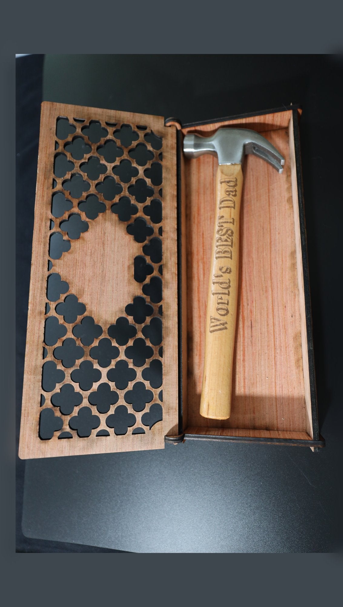 Open wooden gift box with claw hammer engraved World's Best Dad, sample only