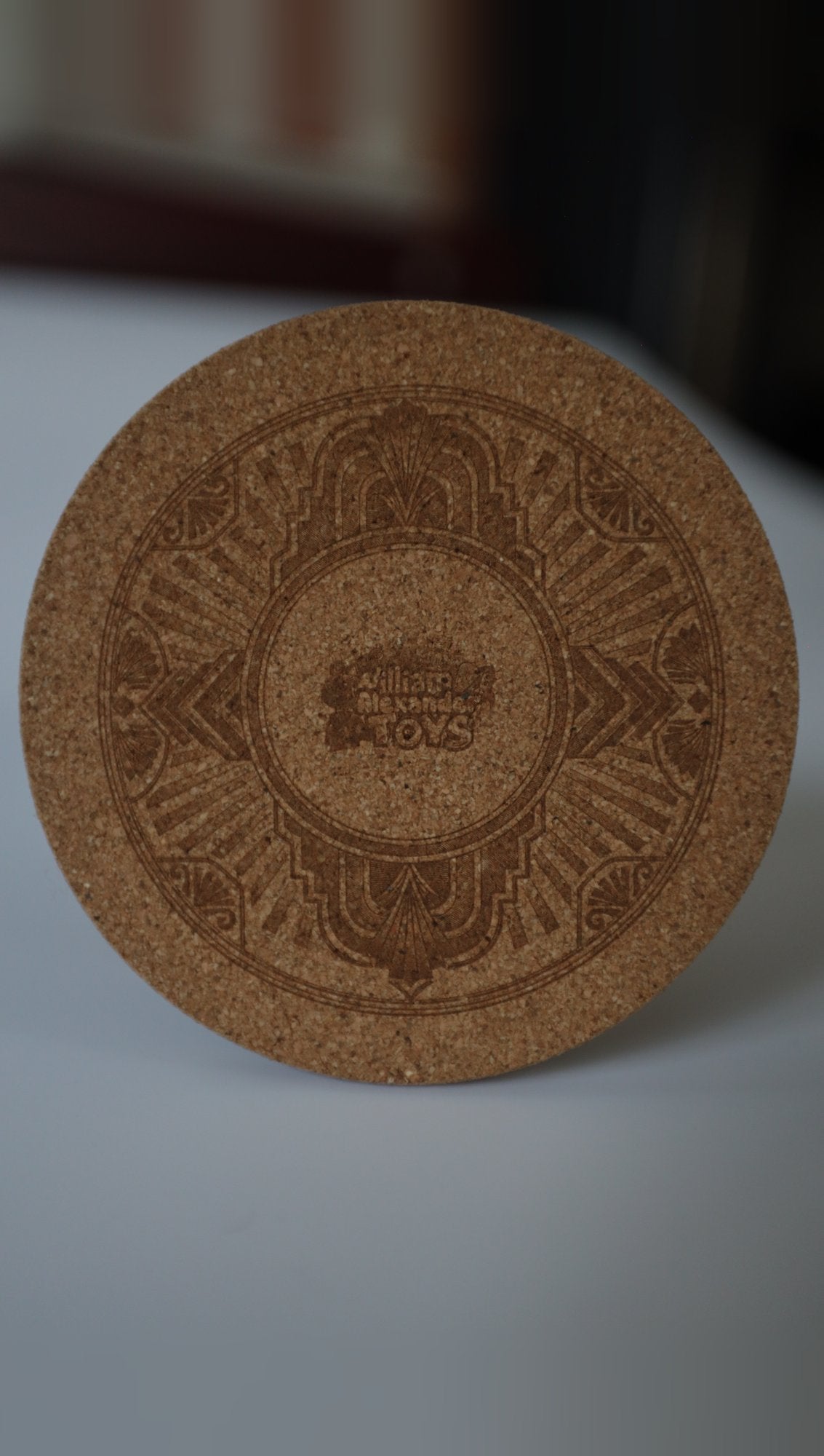 Engraved cork coaster, Art Deco design with sample logo