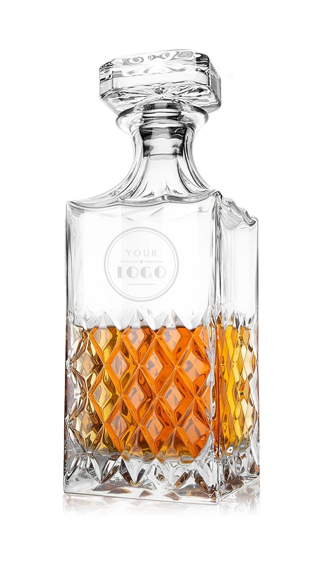 Glass whiskey decanter with stopper and crystal-cut diamond pattern, upper panel with a sample frosted YOUR LOGO engraving