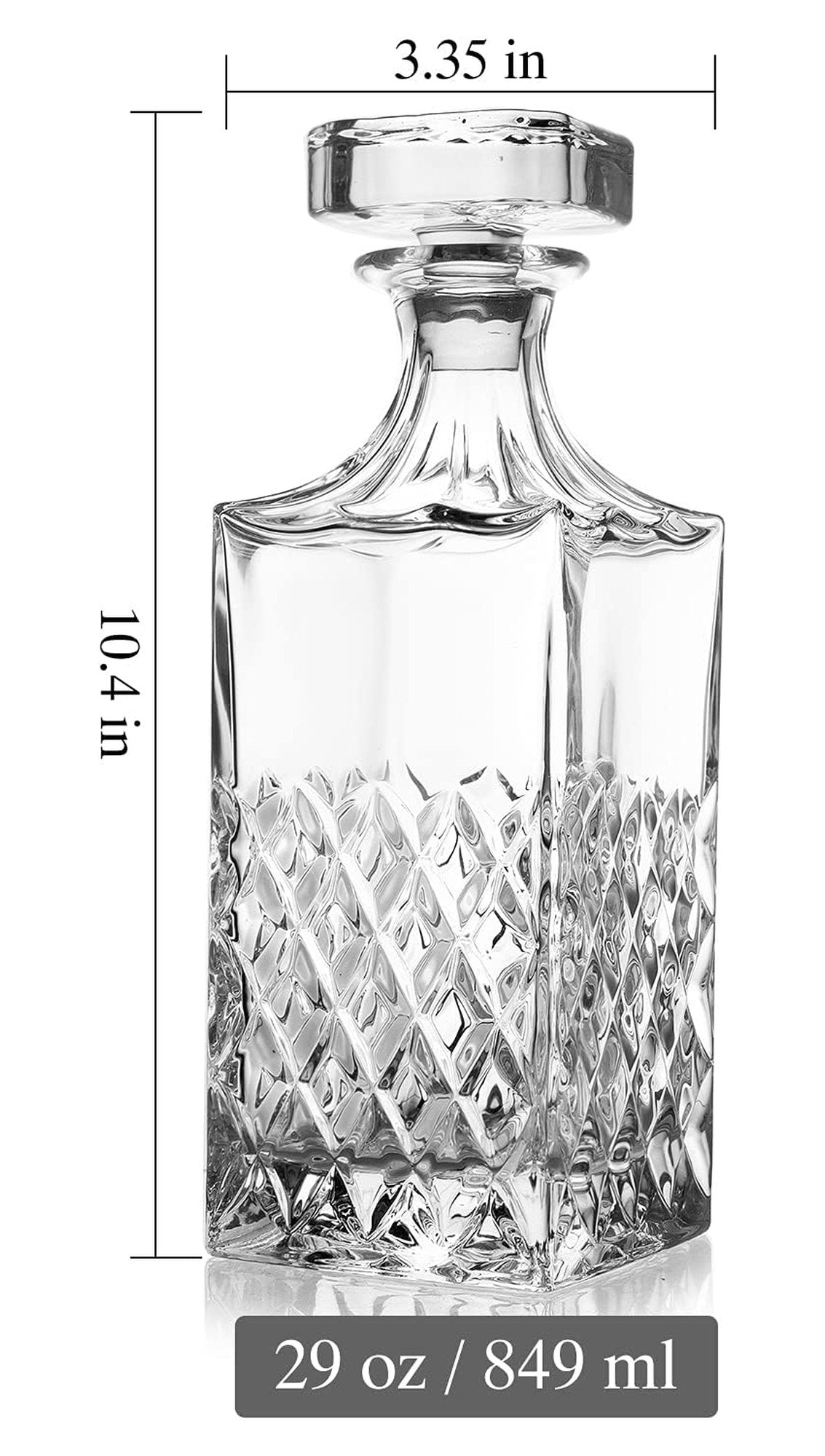 Glass whiskey decanter dimensions: 3.35 in (8.5 cm) wide, 10.4 in (26.4 cm) tall, 29 oz / 849 ml