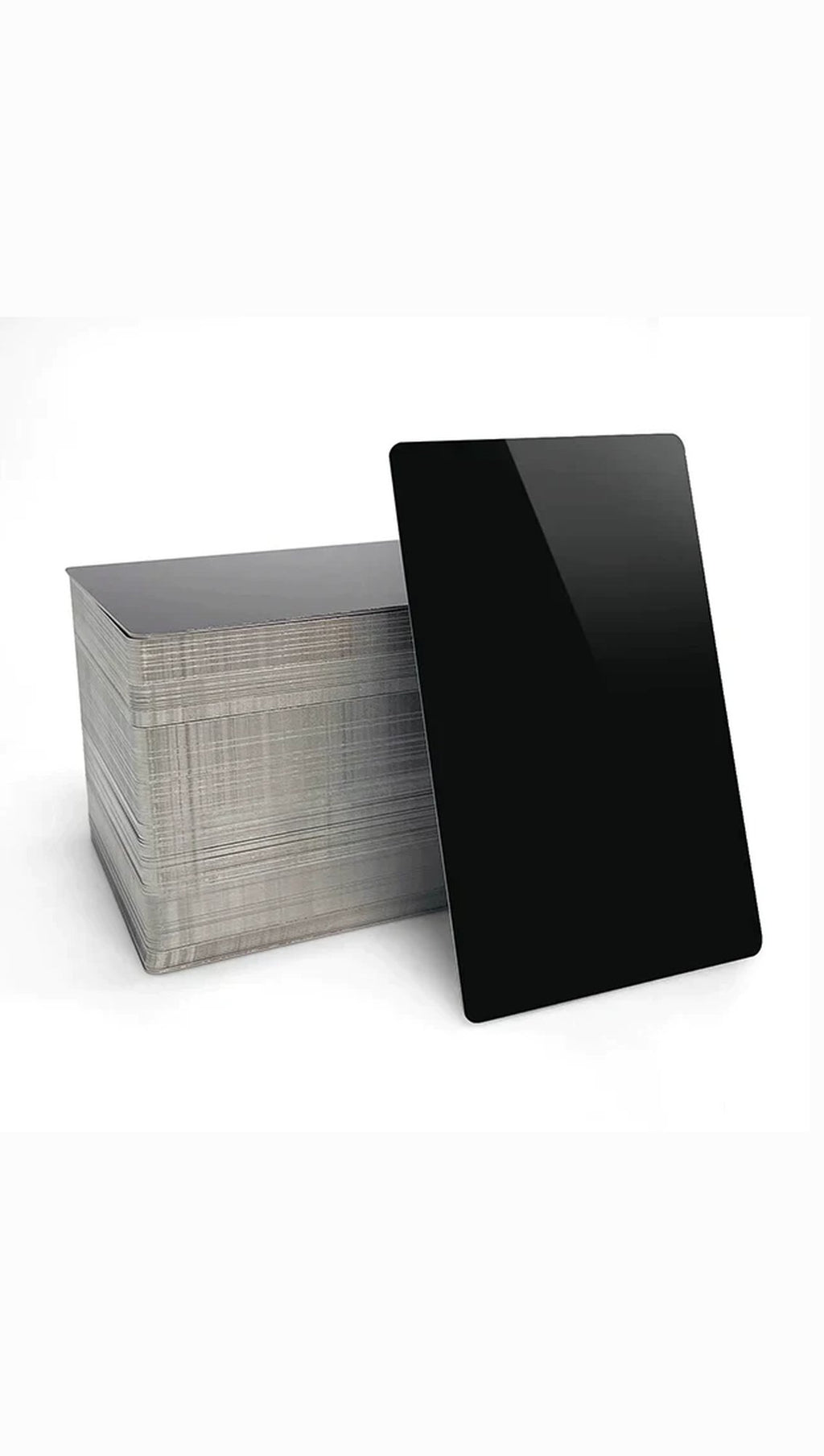 Glossy aluminium business cards stack with blank sample card standing