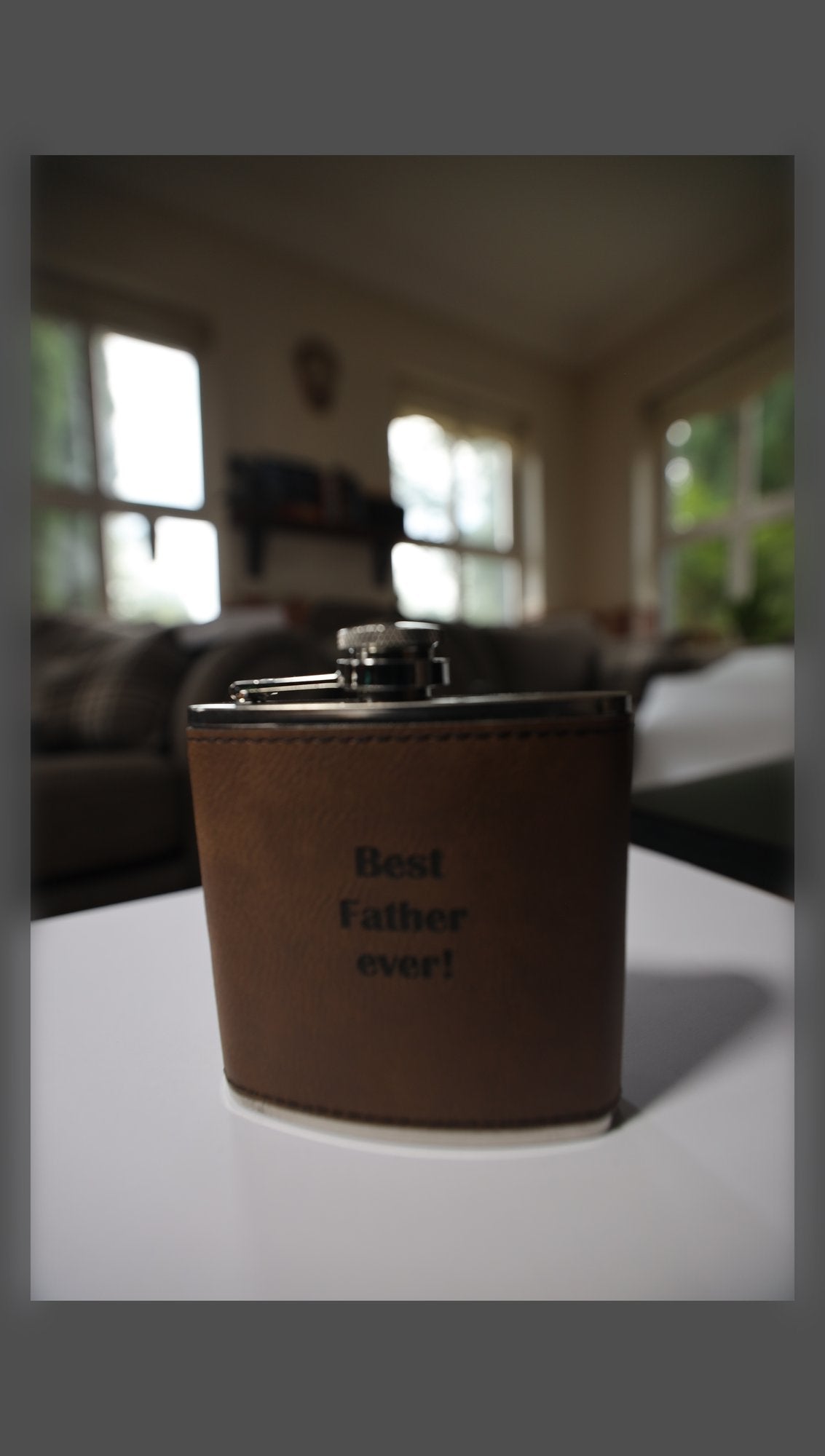 Brown leather-wrapped stainless steel hip flask engraved Best Father ever!