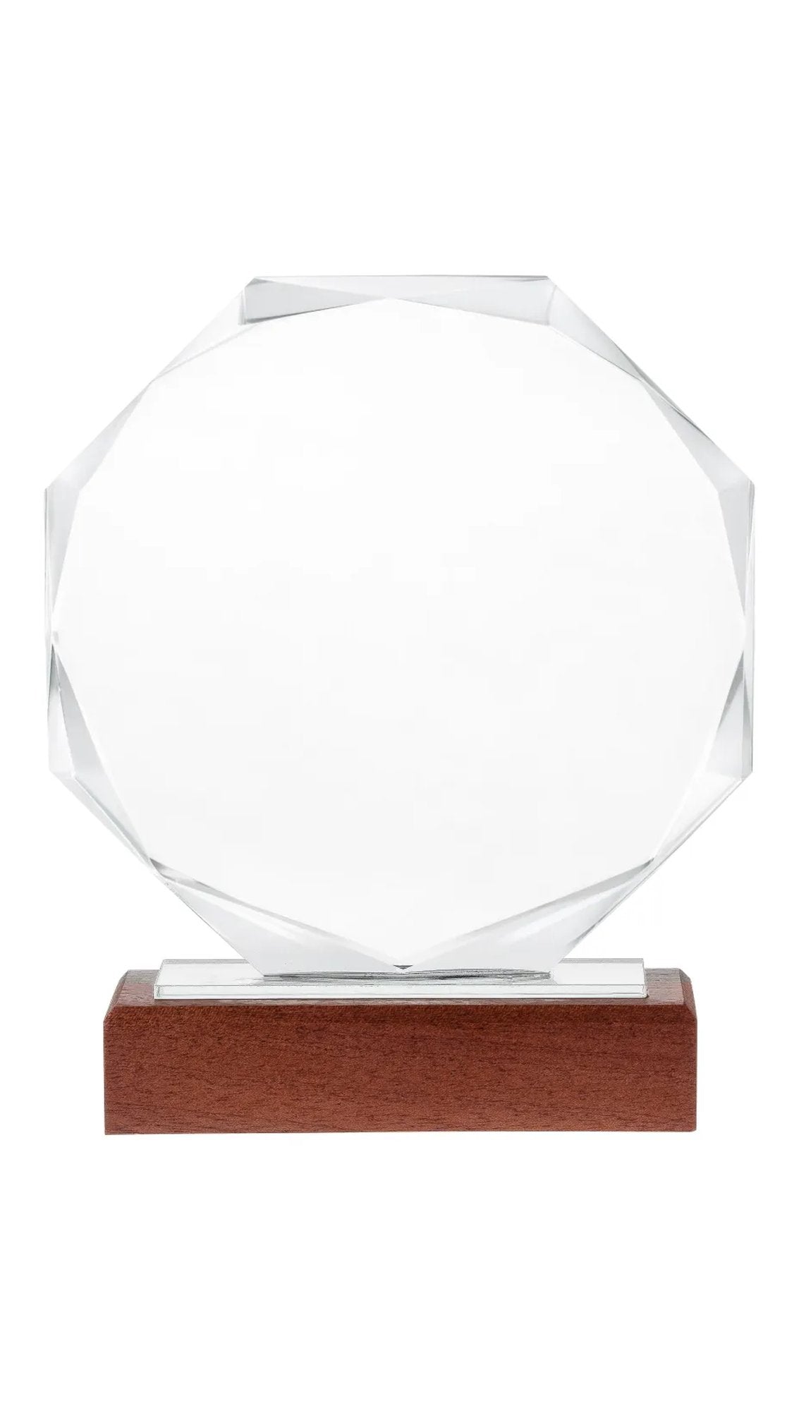 Clear octagonal crystal award on a wooden base, before engraving
