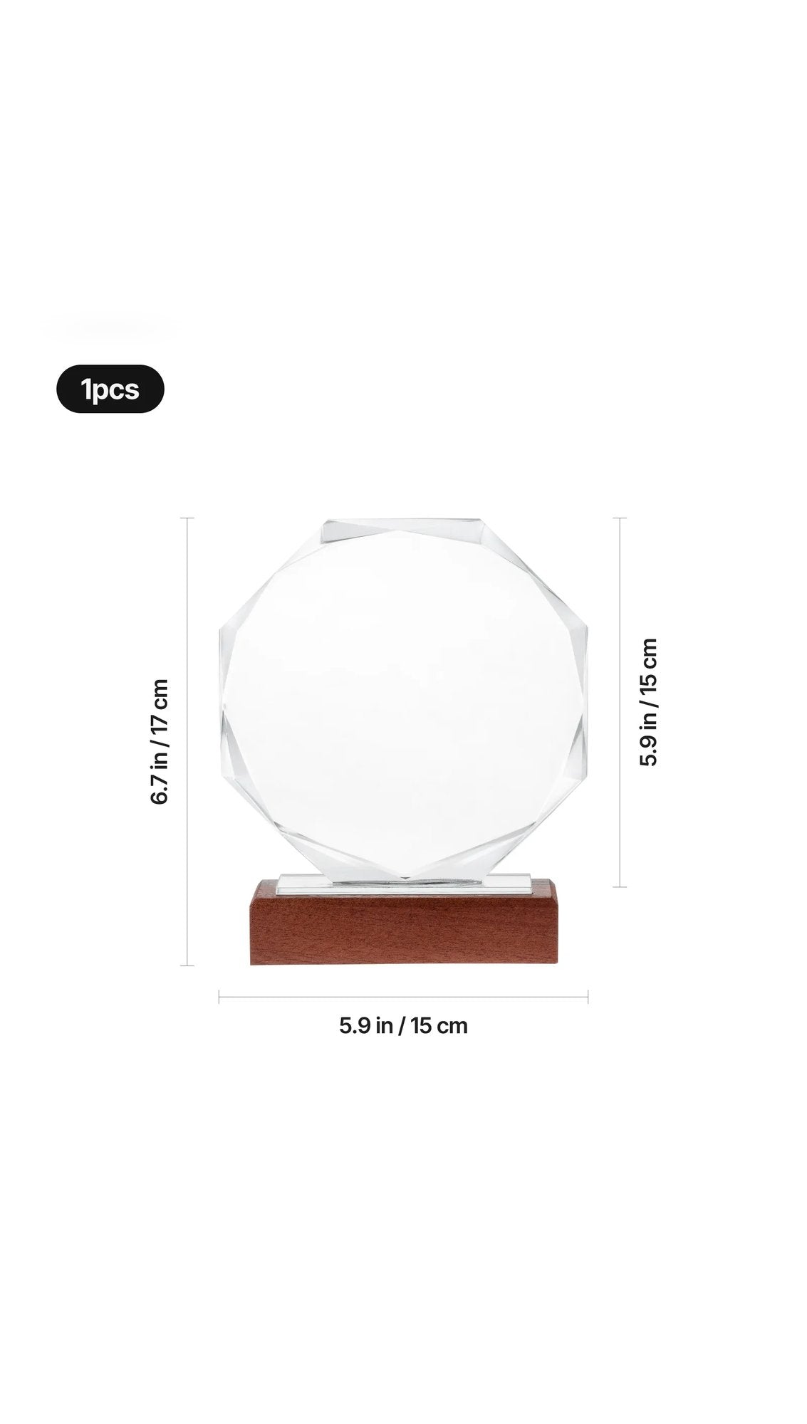 Octagonal crystal award size: 17 cm tall, 15 cm wide