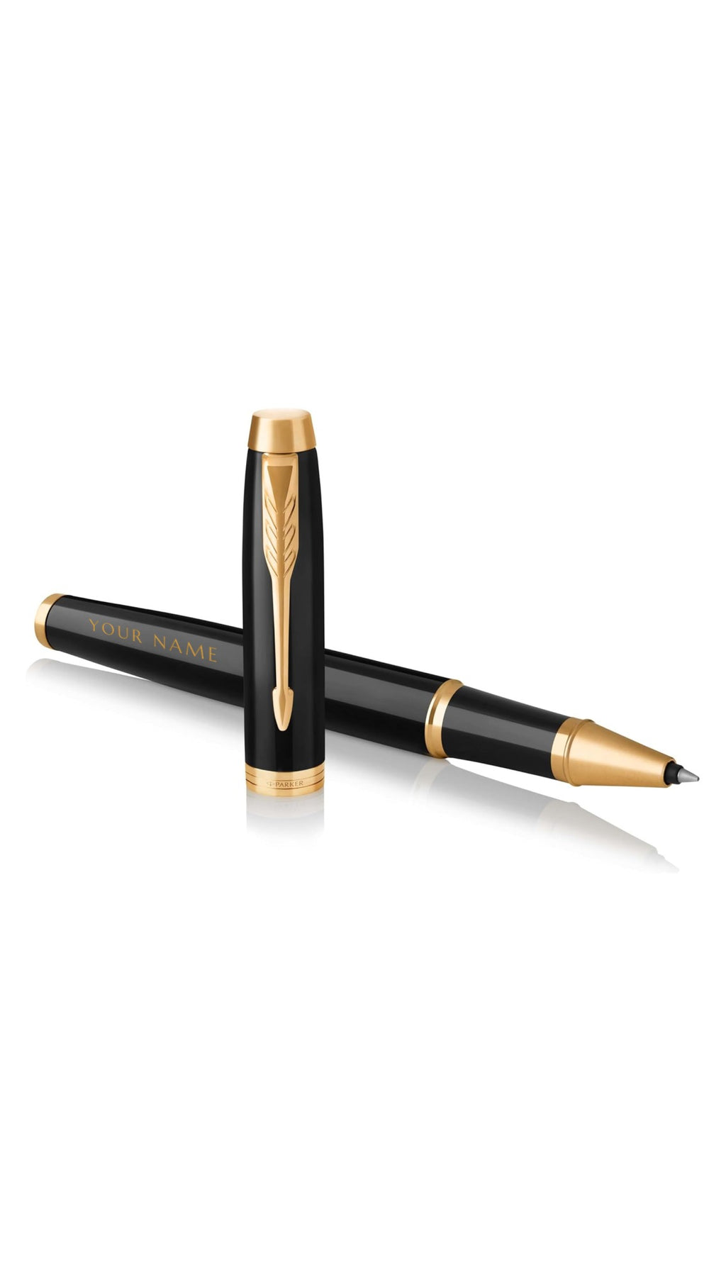Parker IM rollerball pen in black lacquer with gold trim, sample gold-tone engraving YOUR NAME on the barrel