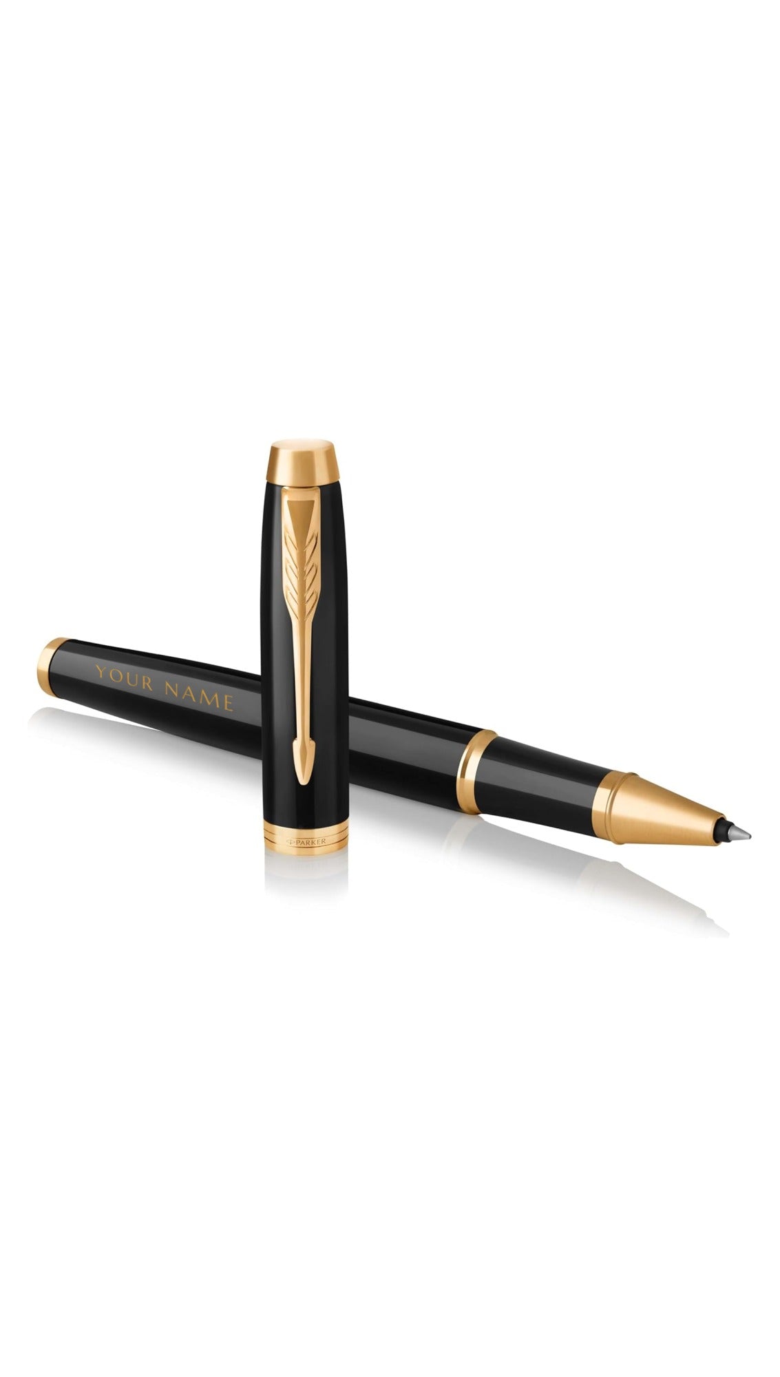 Parker IM rollerball pen in black lacquer with gold trim, sample gold-tone engraving YOUR NAME on the barrel