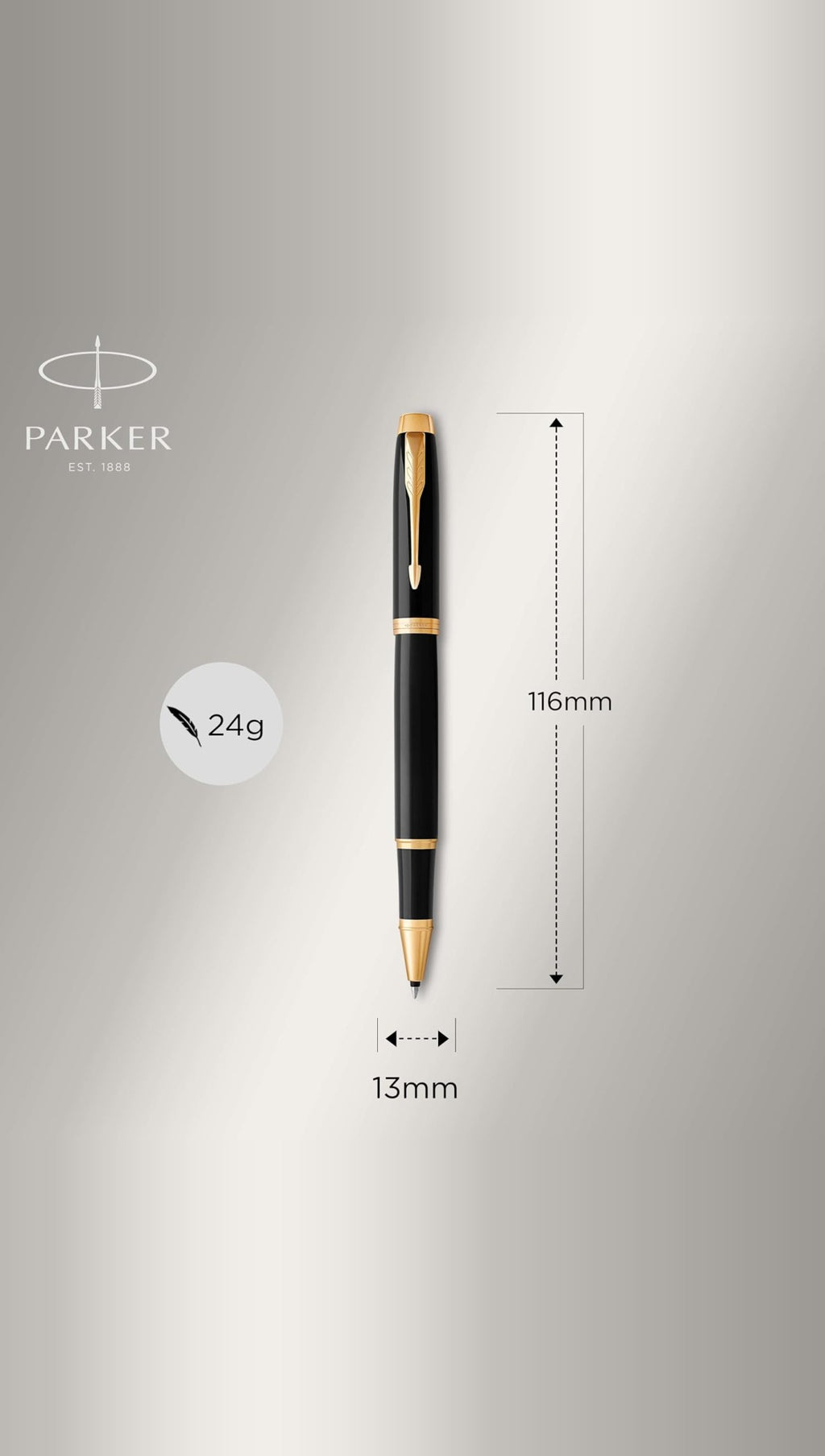 Parker IM rollerball pen dimensions: 116 mm long, 13 mm diameter, 24 g
