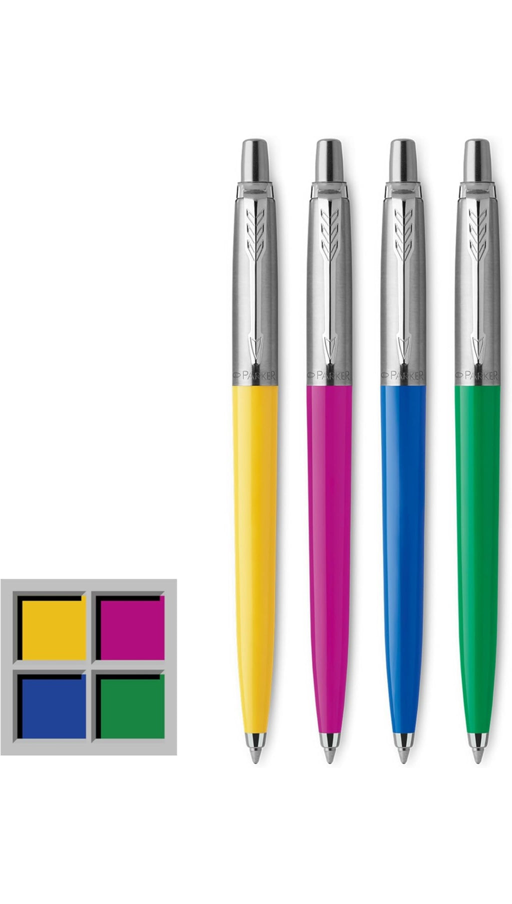 Four Parker Jotter Originals ballpoint pens in yellow, pink, blue and green with stainless steel caps