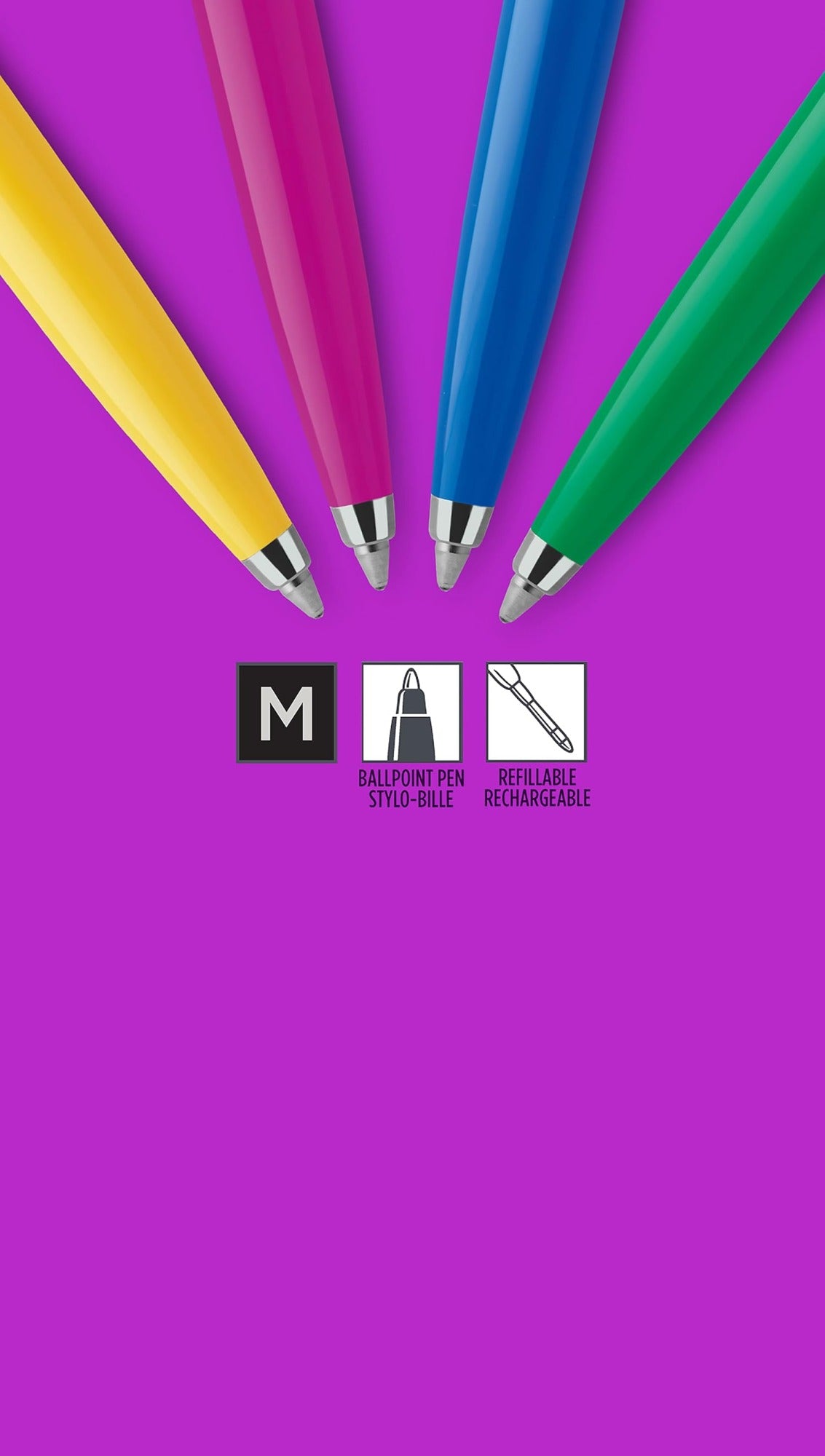 Parker Jotter Originals ballpoint pen tips in yellow, pink, blue and green on purple, medium point, refillable