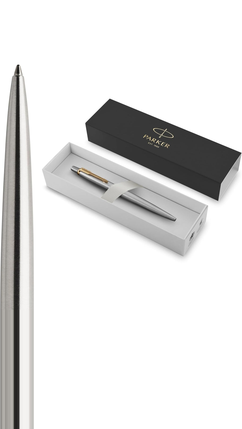Parker Jotter stainless steel ballpoint pen with gold trim in its Parker gift box, unengraved