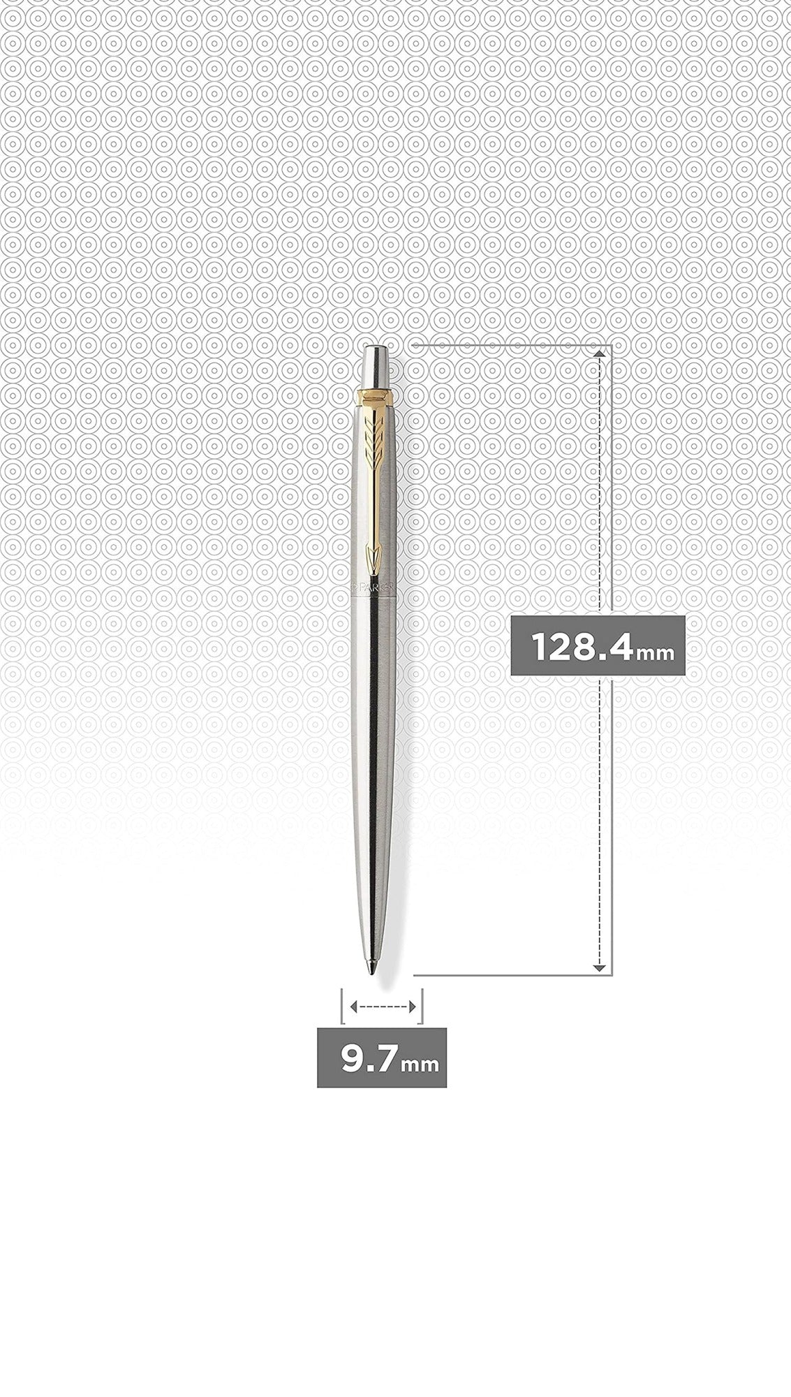 Parker Jotter stainless steel ballpoint pen dimensions: 128.4 mm long, 9.7 mm diameter