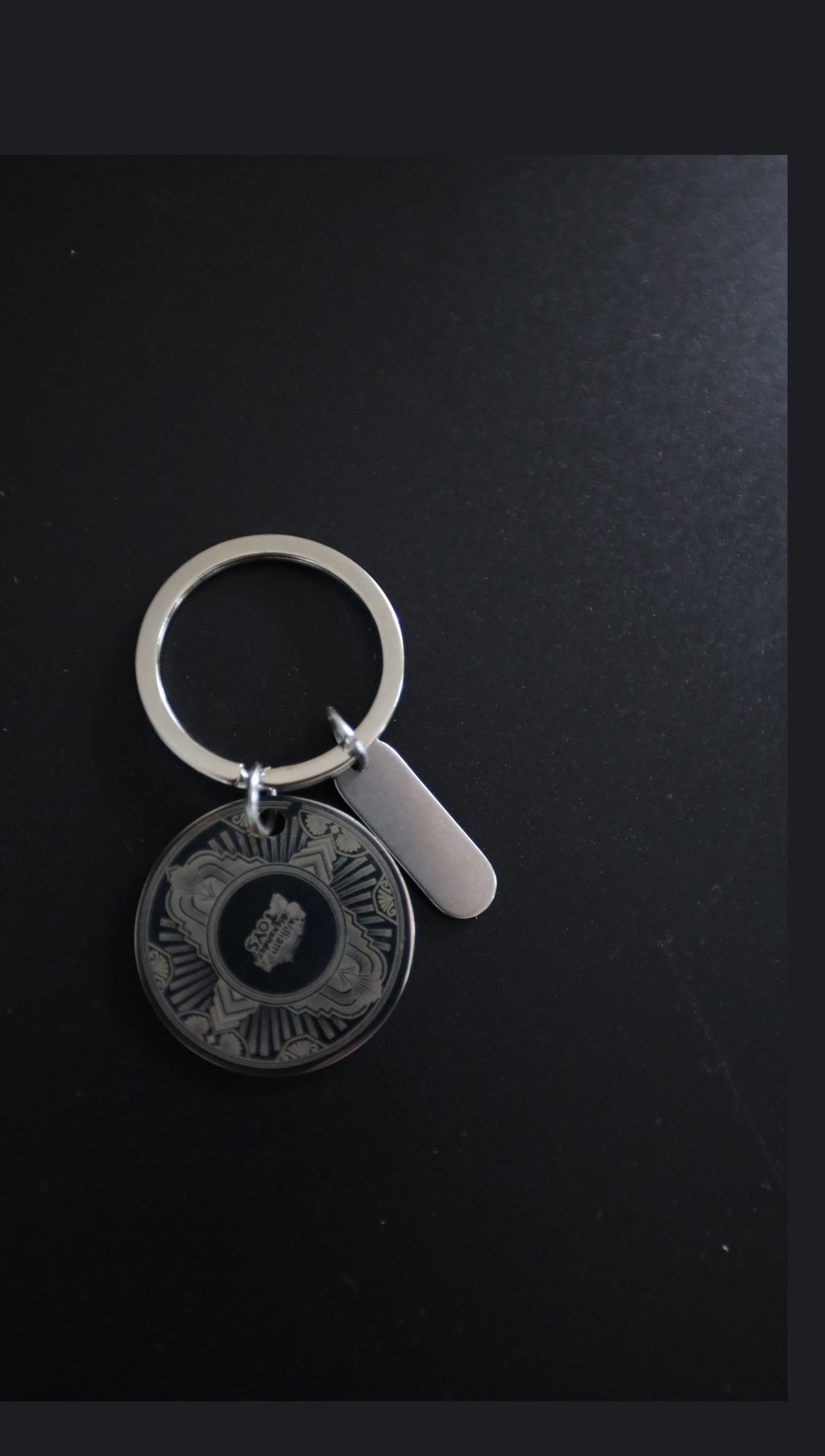 Stainless steel disc keyring with sample engraving and blank tag, on black