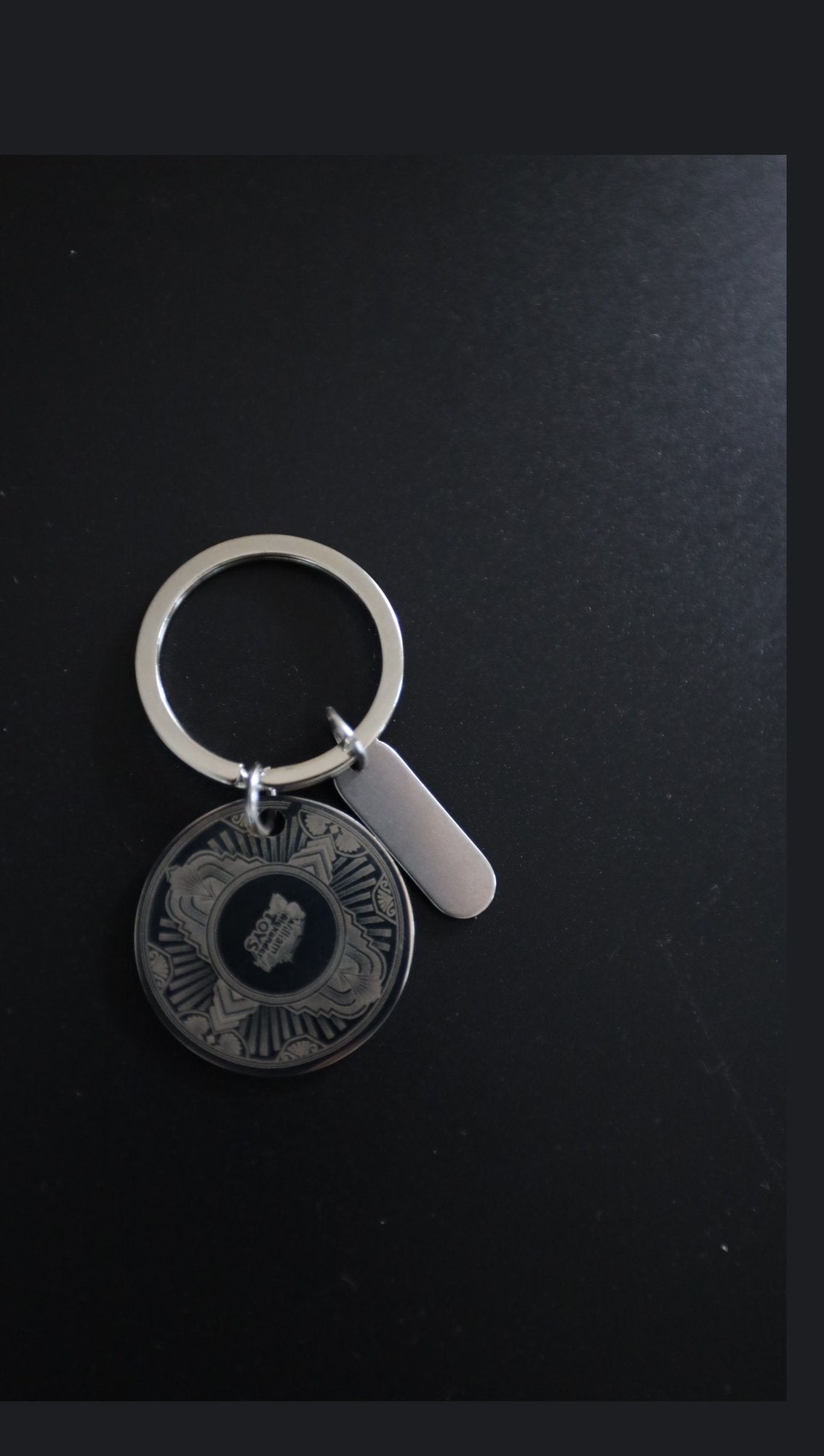 Stainless steel disc keyring with sample engraving and blank tag, on black