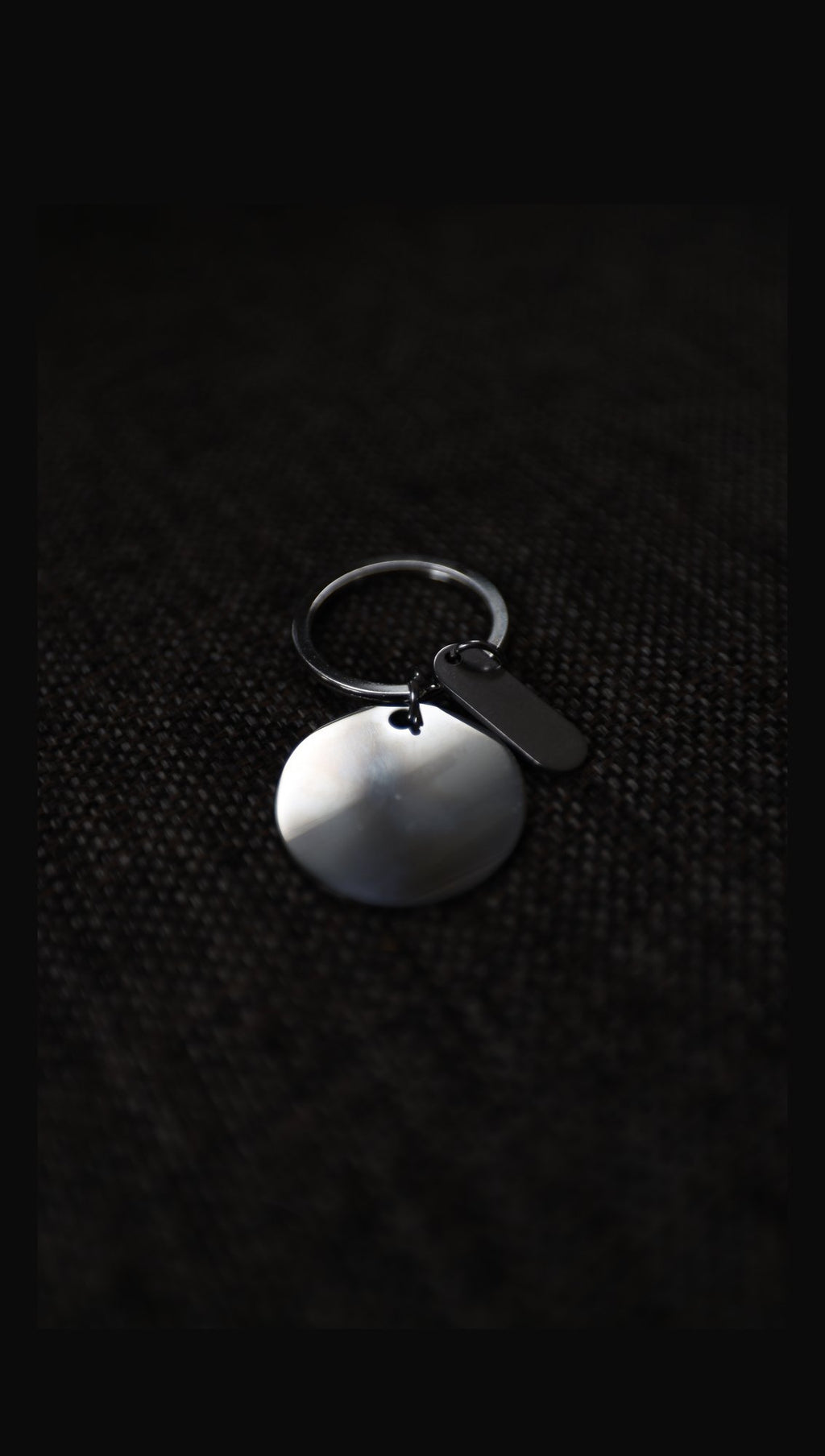 Blank stainless steel disc keyring with tag, alternative view