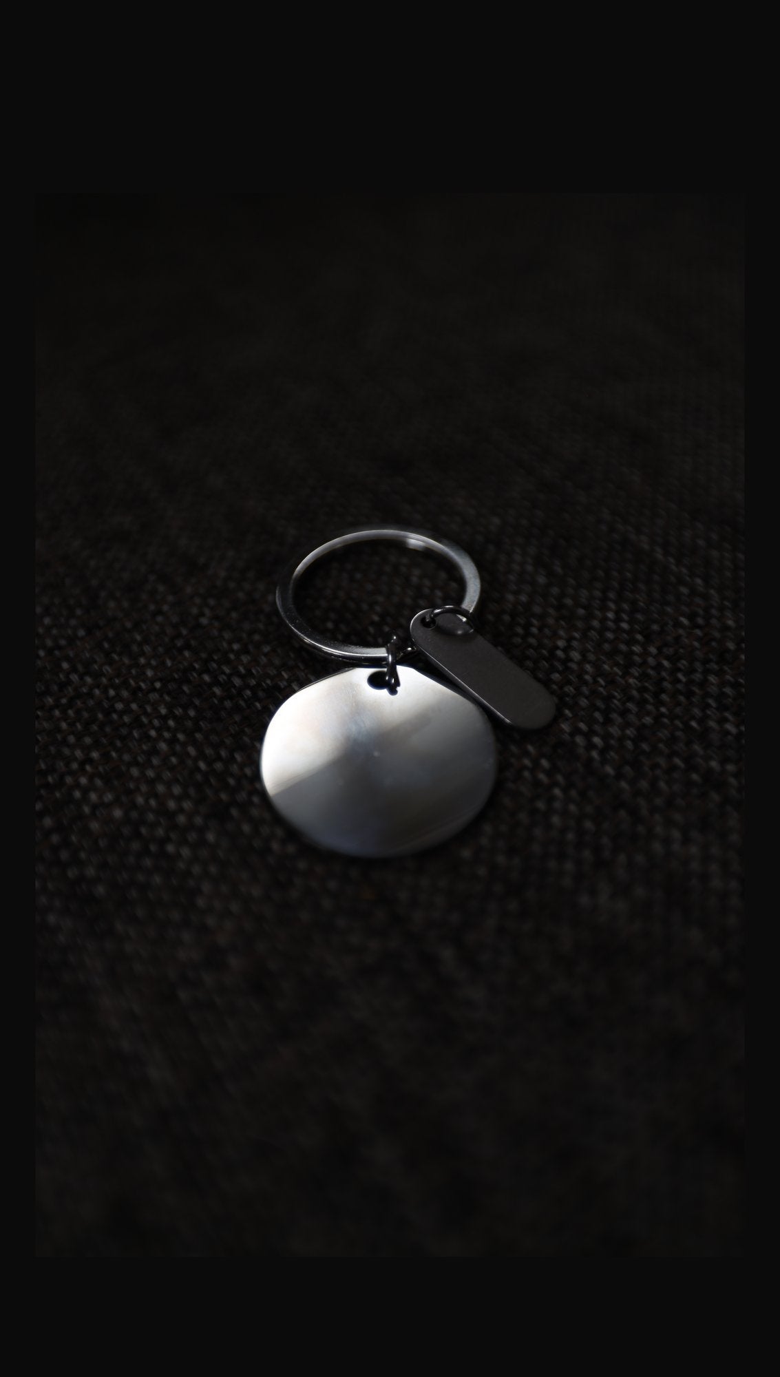 Blank stainless steel disc keyring with tag, alternative view