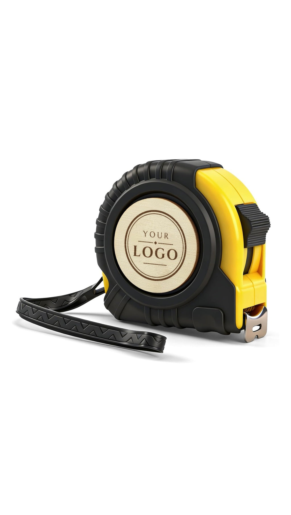 Yellow and black tape measure with round wooden badge, sample YOUR LOGO laser engraving on the disc