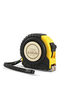 Yellow and black tape measure with round wooden badge, sample YOUR LOGO laser engraving on the disc