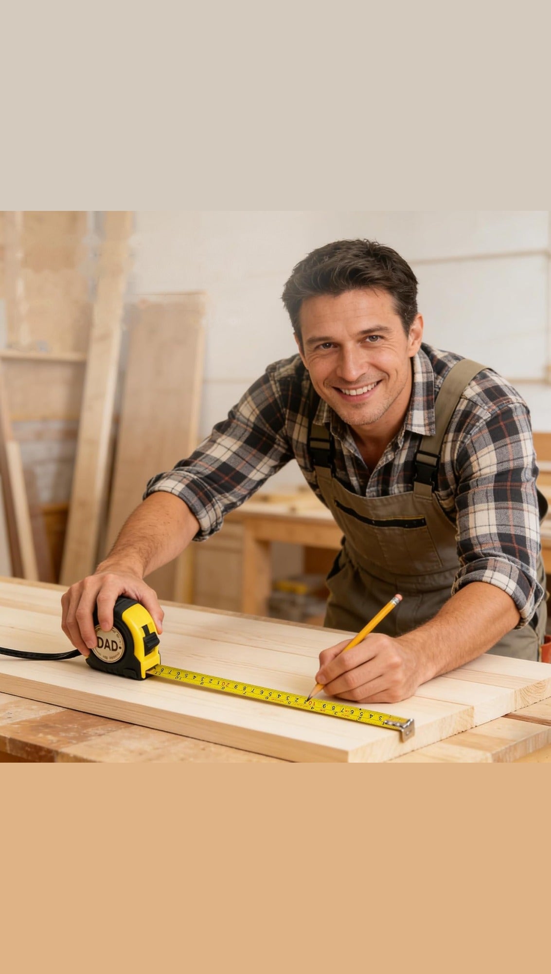 Tradesman measuring timber in a workshop with the wooden-badge tape measure