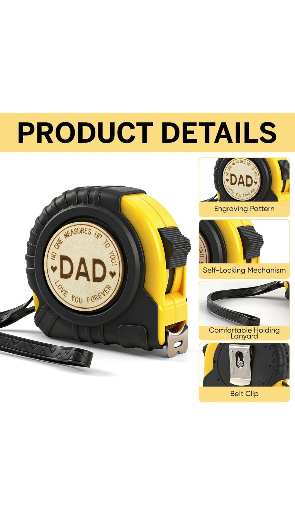 Tape measure product details: engraved wooden badge, self-locking mechanism, wrist lanyard and belt clip