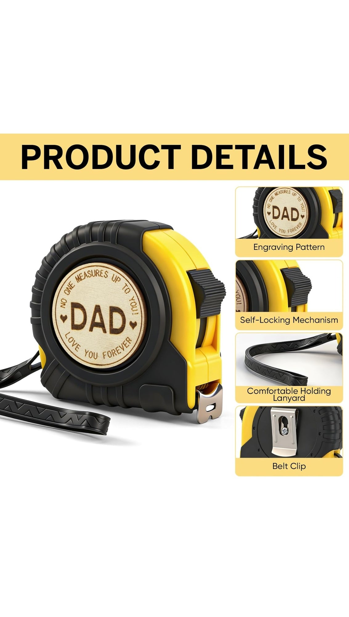 Tape measure product details: engraved wooden badge, self-locking mechanism, wrist lanyard and belt clip