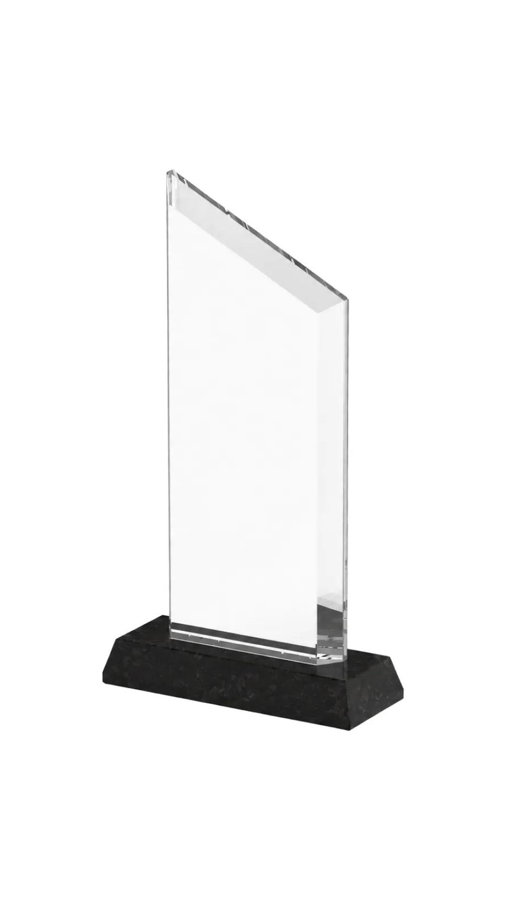 Clear trapezoid crystal award on a black base, before engraving
