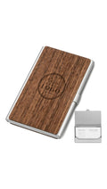 Walnut and aluminium business card holder with sample YOUR LOGO dark laser engraving on the walnut front panel, with an open case holding a business card