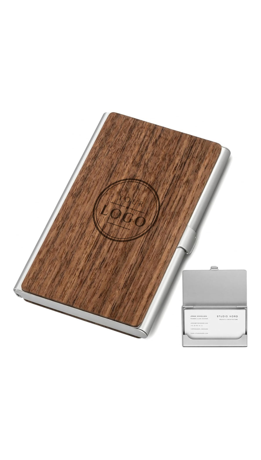 Walnut business card holder laser-engraved with a sample YOUR LOGO design