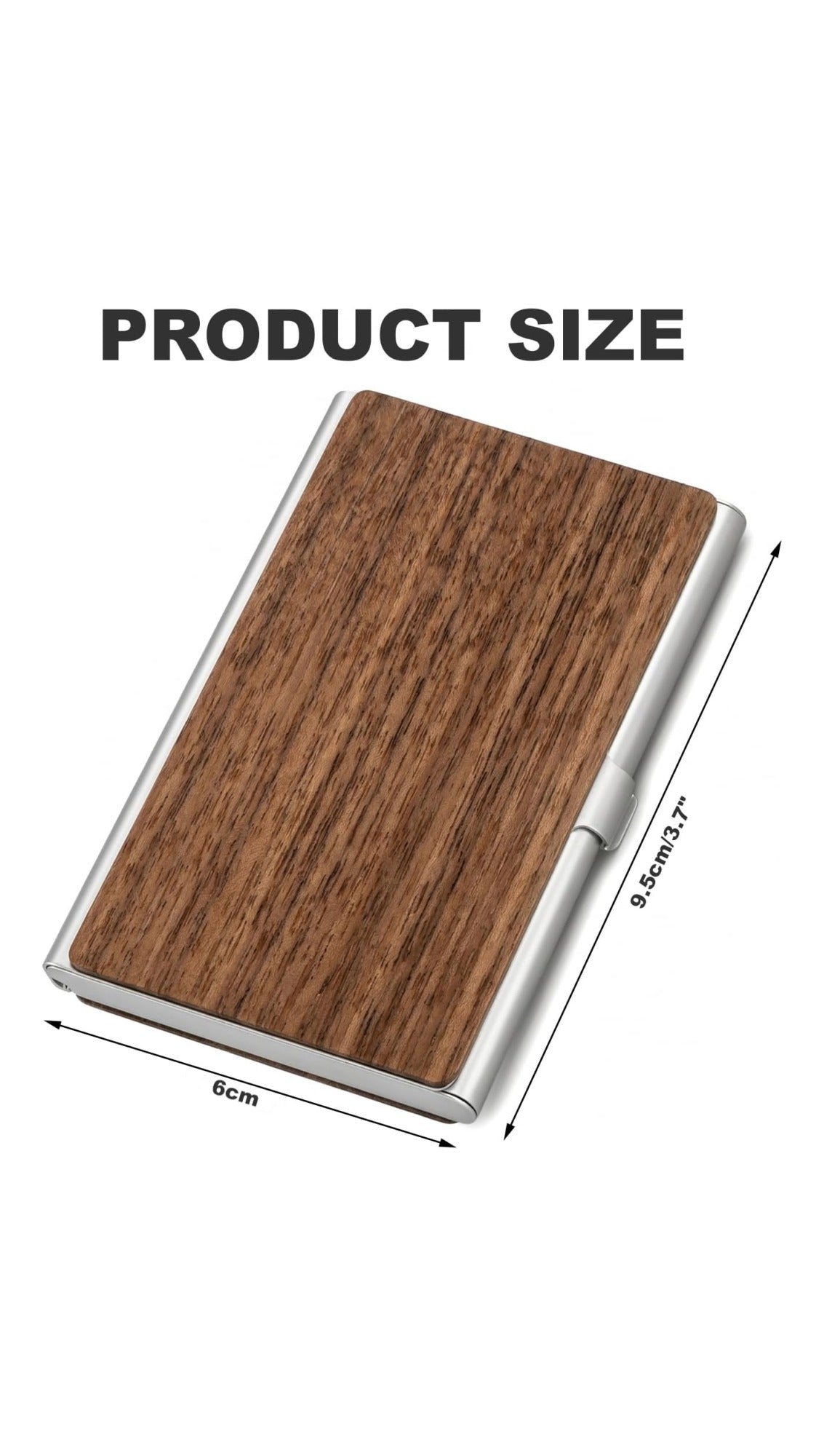 Walnut and aluminium business card holder dimensions: 9.5 cm tall, 6 cm wide