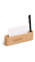 Beech wooden desk card holder with sample YOUR LOGO dark laser engraving on the front face