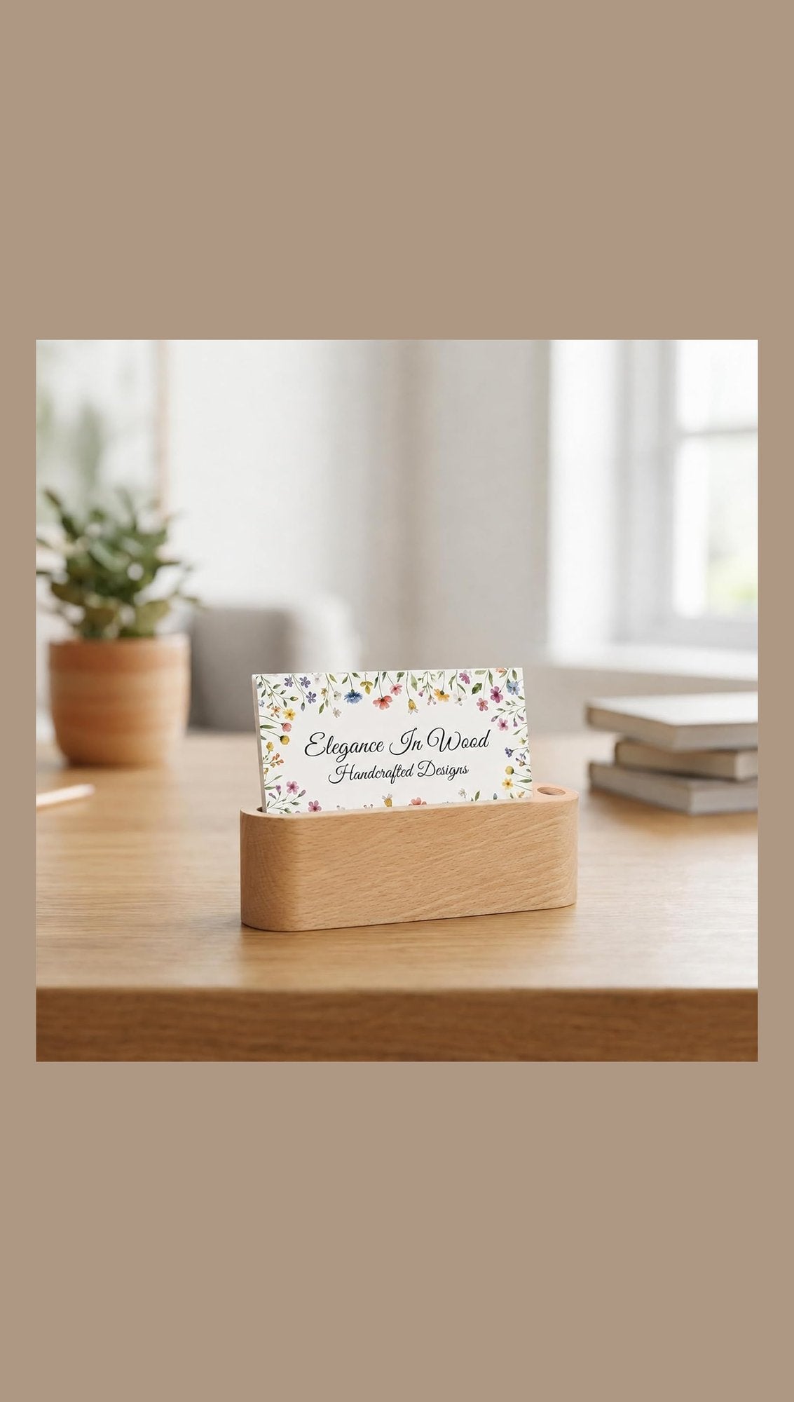 Beech wooden desk card holder on a desk, blank before engraving