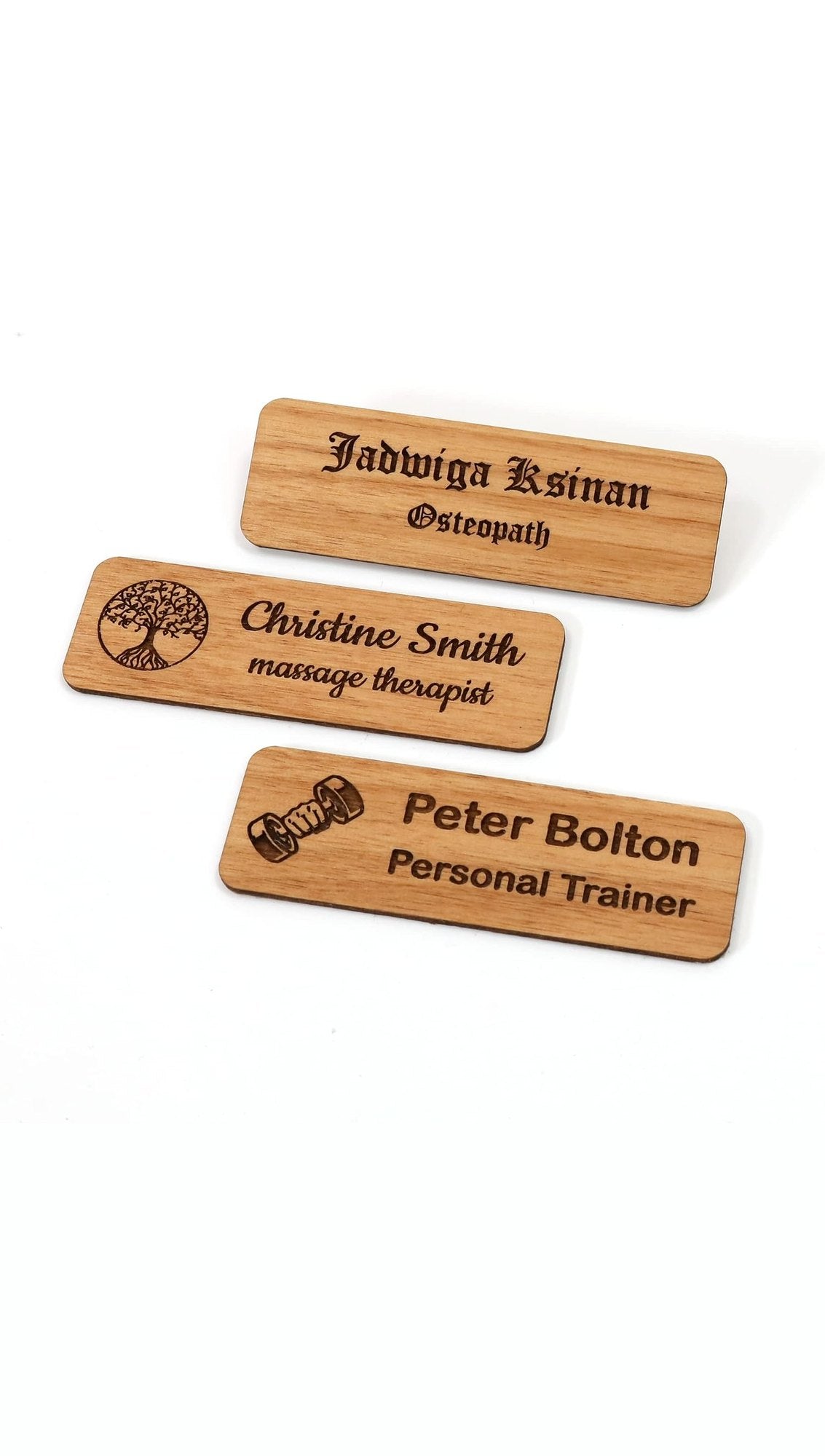 Sample designs: three engraved wooden pin name badges with names, job titles and small logos