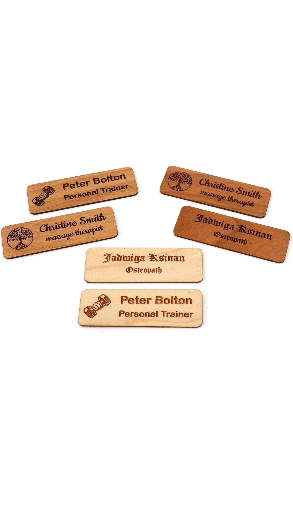 Sample designs: engraved wooden name badges in light, medium and dark wood tones