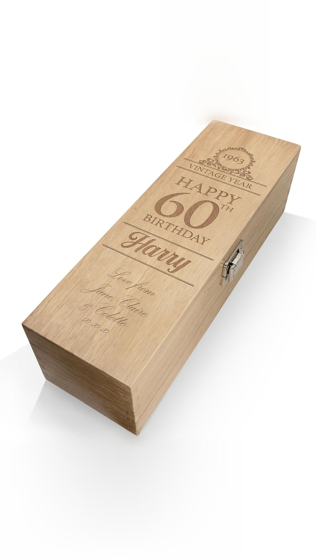 Pine whisky presentation box with metal clasp, lid engraved with a sample 60th birthday message
