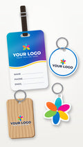 Full-colour printed acrylic bag tag, round acrylic keyring, wooden keyring and logo-shaped keyring with YOUR LOGO sample design