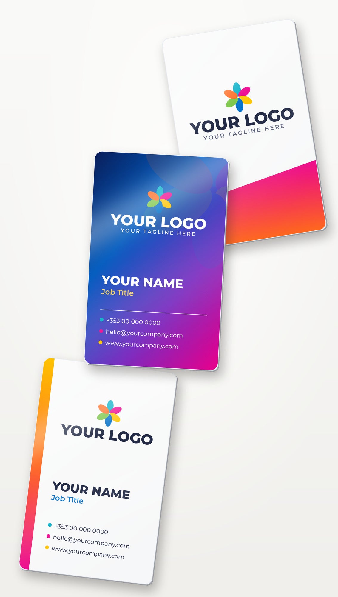 Full-colour printed white metal business cards, front and back, with YOUR LOGO sample design