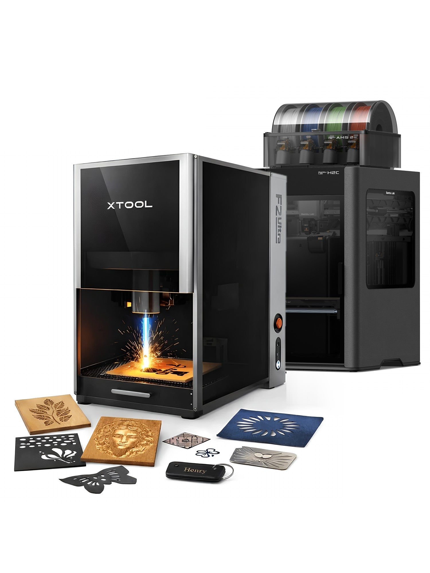xTool F2 Ultra laser engraving and Bambu Lab H2C 3D printer in the William Alexander Studio workshop