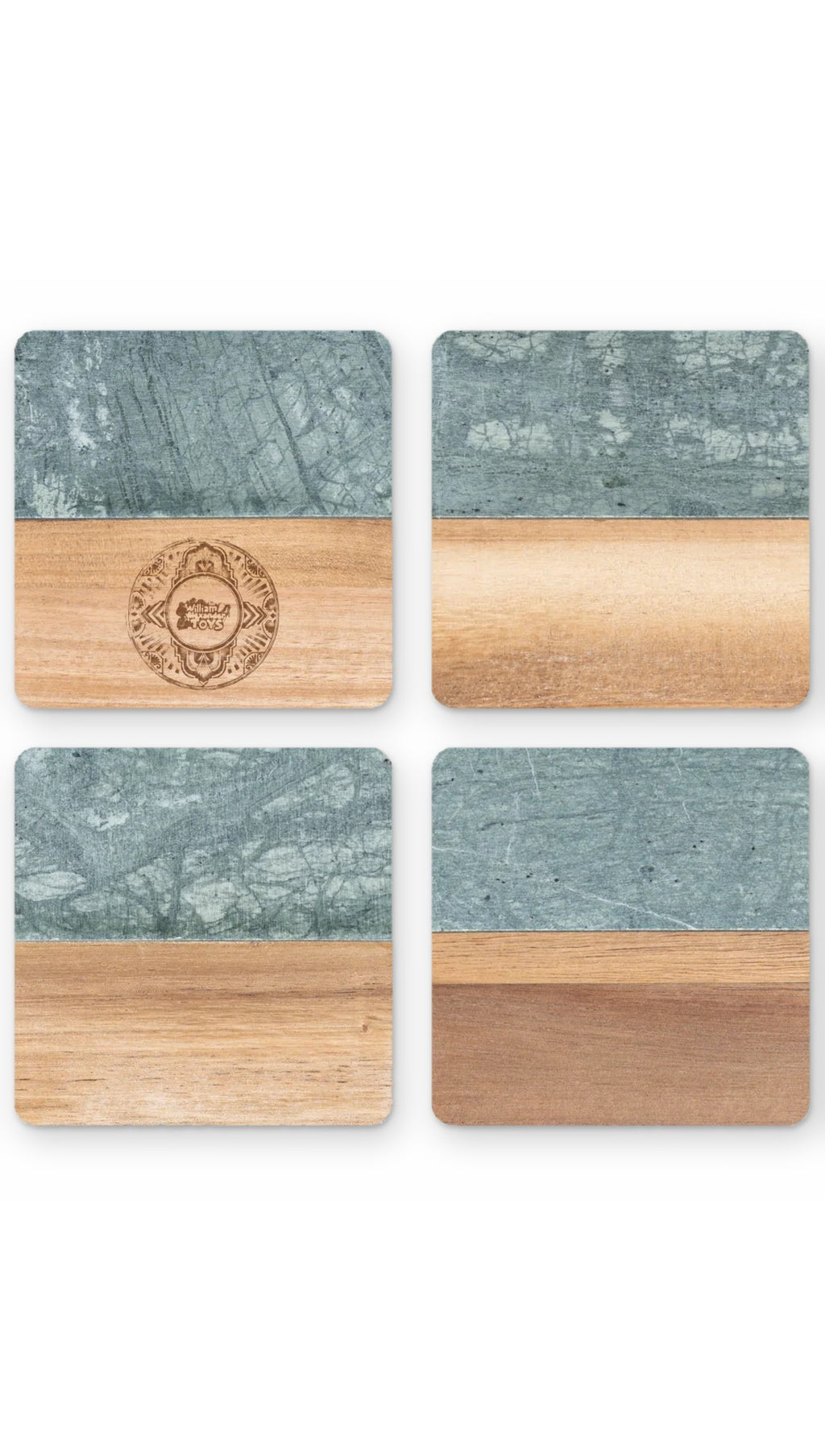 Set of 4 marble and wood coasters, one engraved