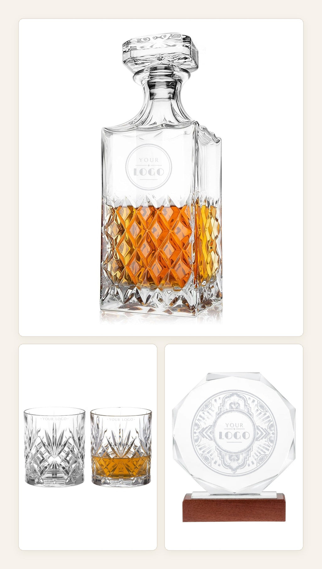 Engraved crystal decanter, tumblers and award with sample logo